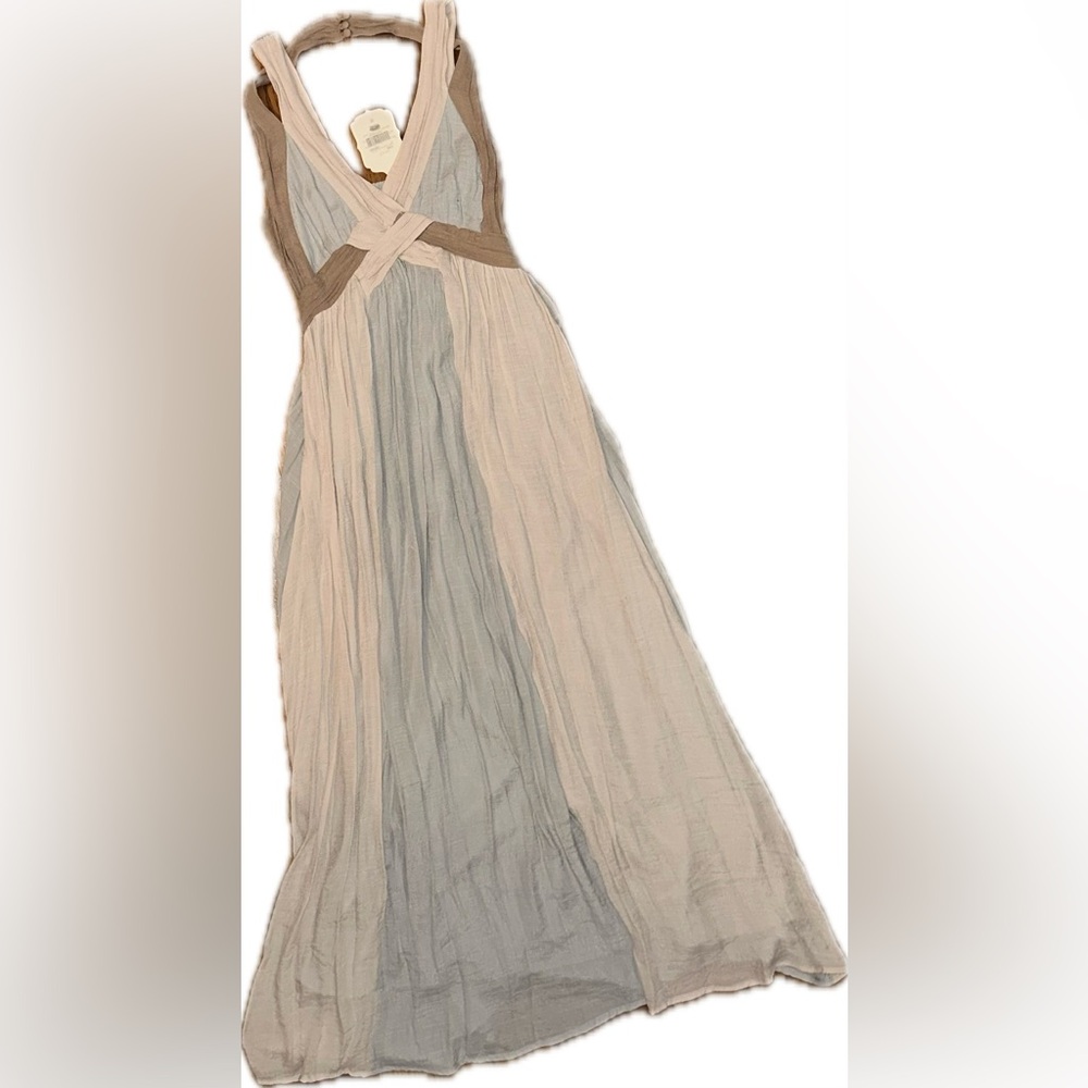 NWT Altar'd State Blush, Brown and Blue/Gray Criss Cross Halter Maxi Dress